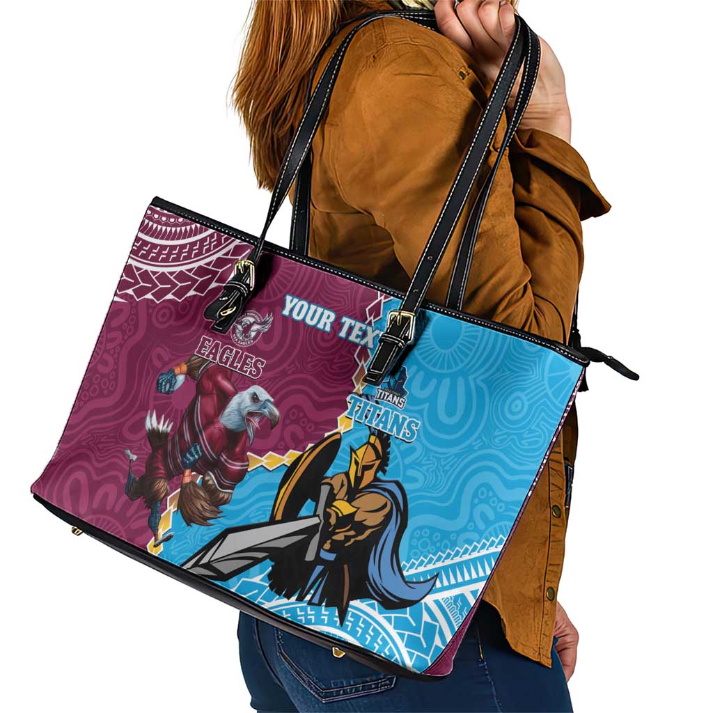 Personalised Eagles And Titans Rugby Leather Tote Bag Aboriginal Mix Polynesian Pattern