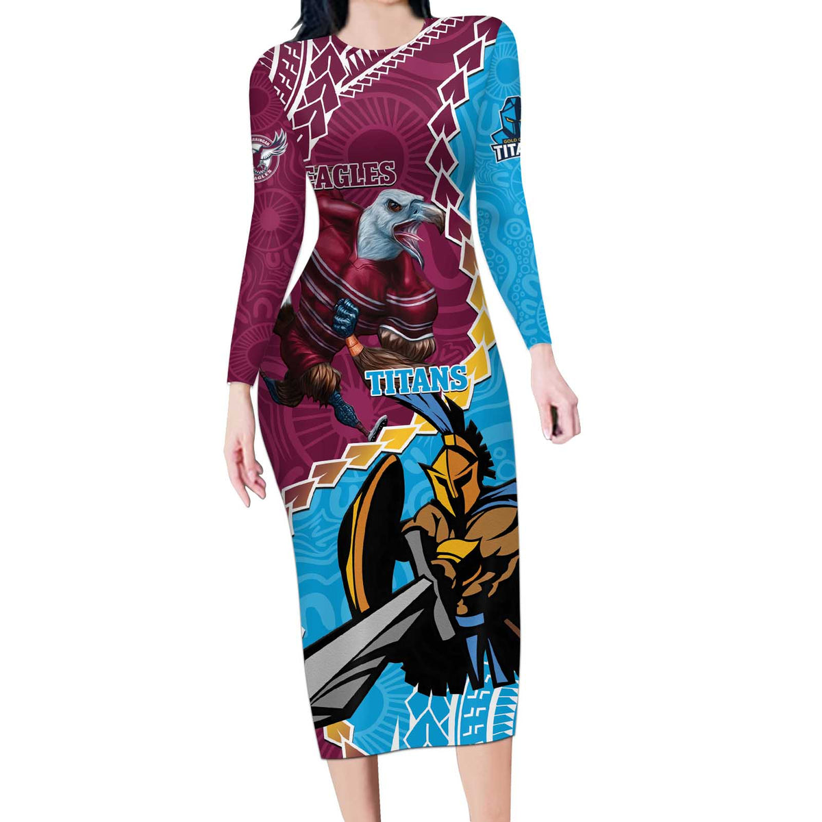 Personalised Eagles And Titans Rugby Long Sleeve Bodycon Dress Aboriginal Mix Polynesian Pattern