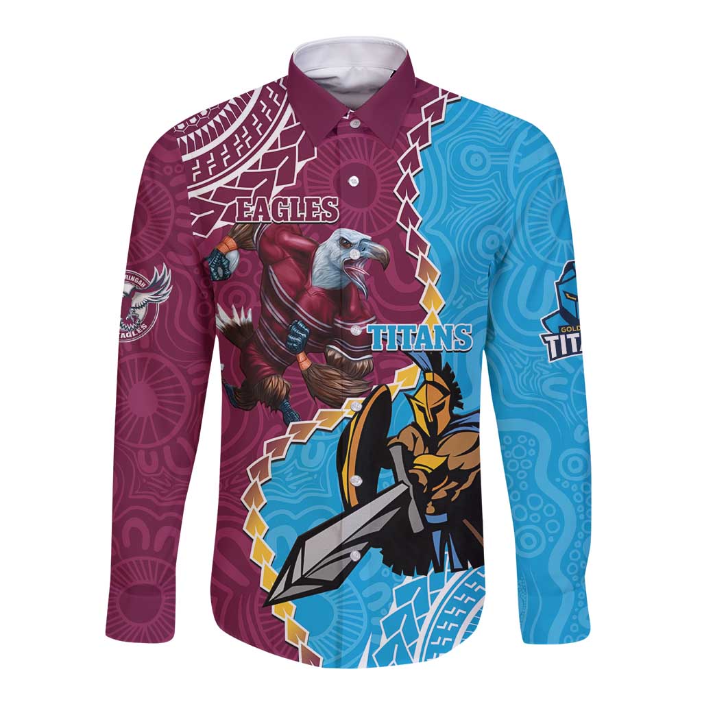 Personalised Eagles And Titans Rugby Long Sleeve Button Shirt Aboriginal Mix Polynesian Pattern