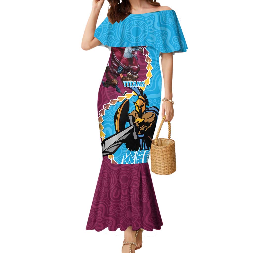 Personalised Eagles And Titans Rugby Mermaid Dress Aboriginal Mix Polynesian Pattern