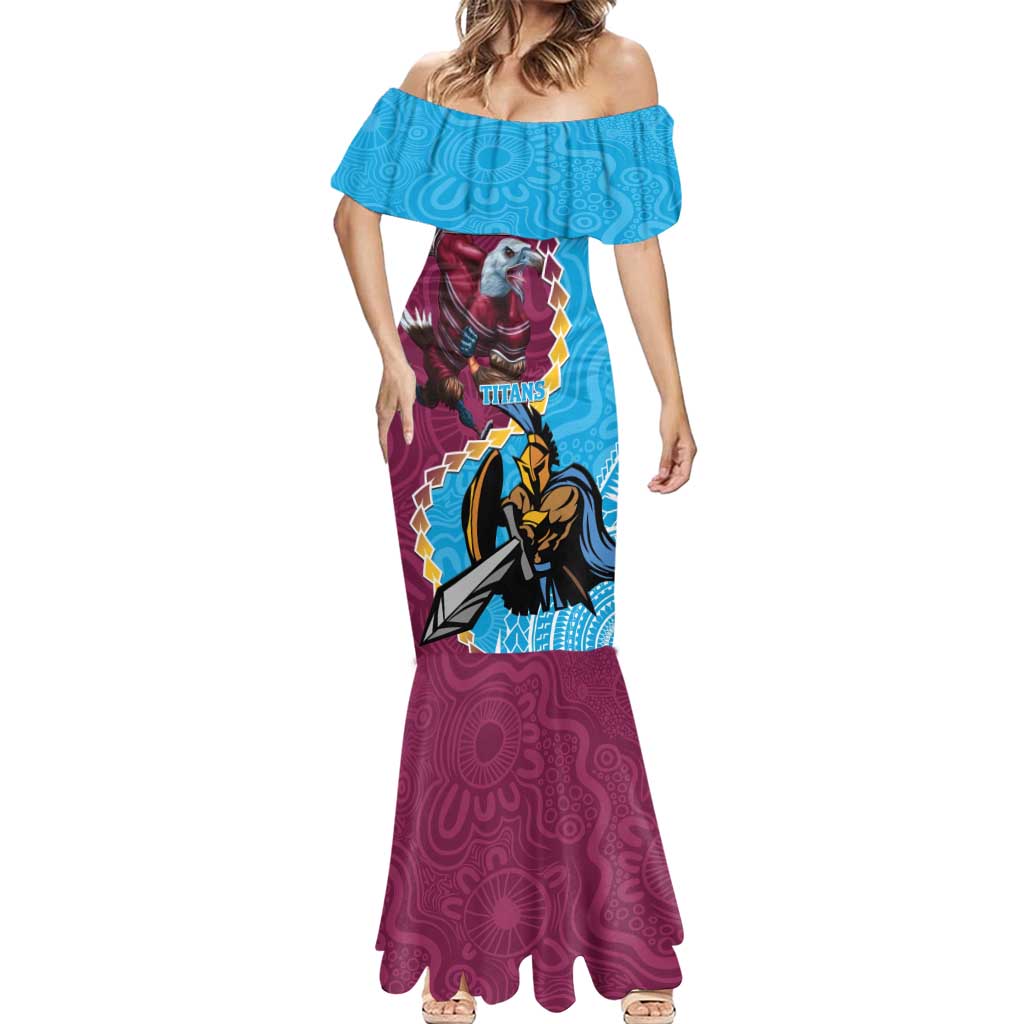 Personalised Eagles And Titans Rugby Mermaid Dress Aboriginal Mix Polynesian Pattern