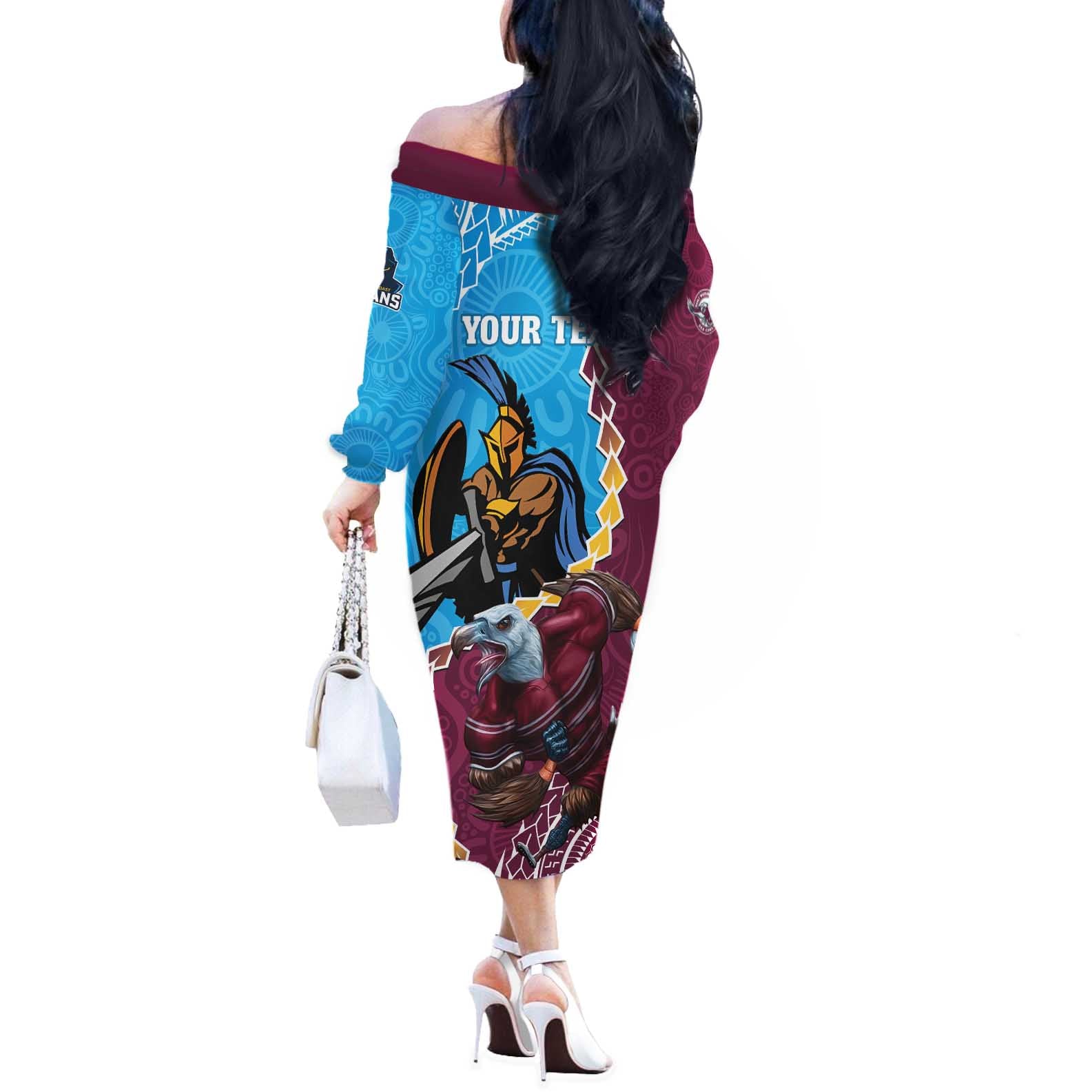 Personalised Eagles And Titans Rugby Off The Shoulder Long Sleeve Dress Aboriginal Mix Polynesian Pattern