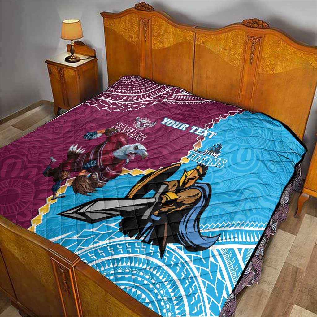 Personalised Eagles And Titans Rugby Quilt Aboriginal Mix Polynesian Pattern