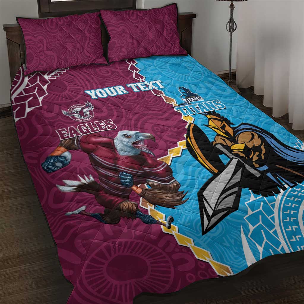 Personalised Eagles And Titans Rugby Quilt Bed Set Aboriginal Mix Polynesian Pattern