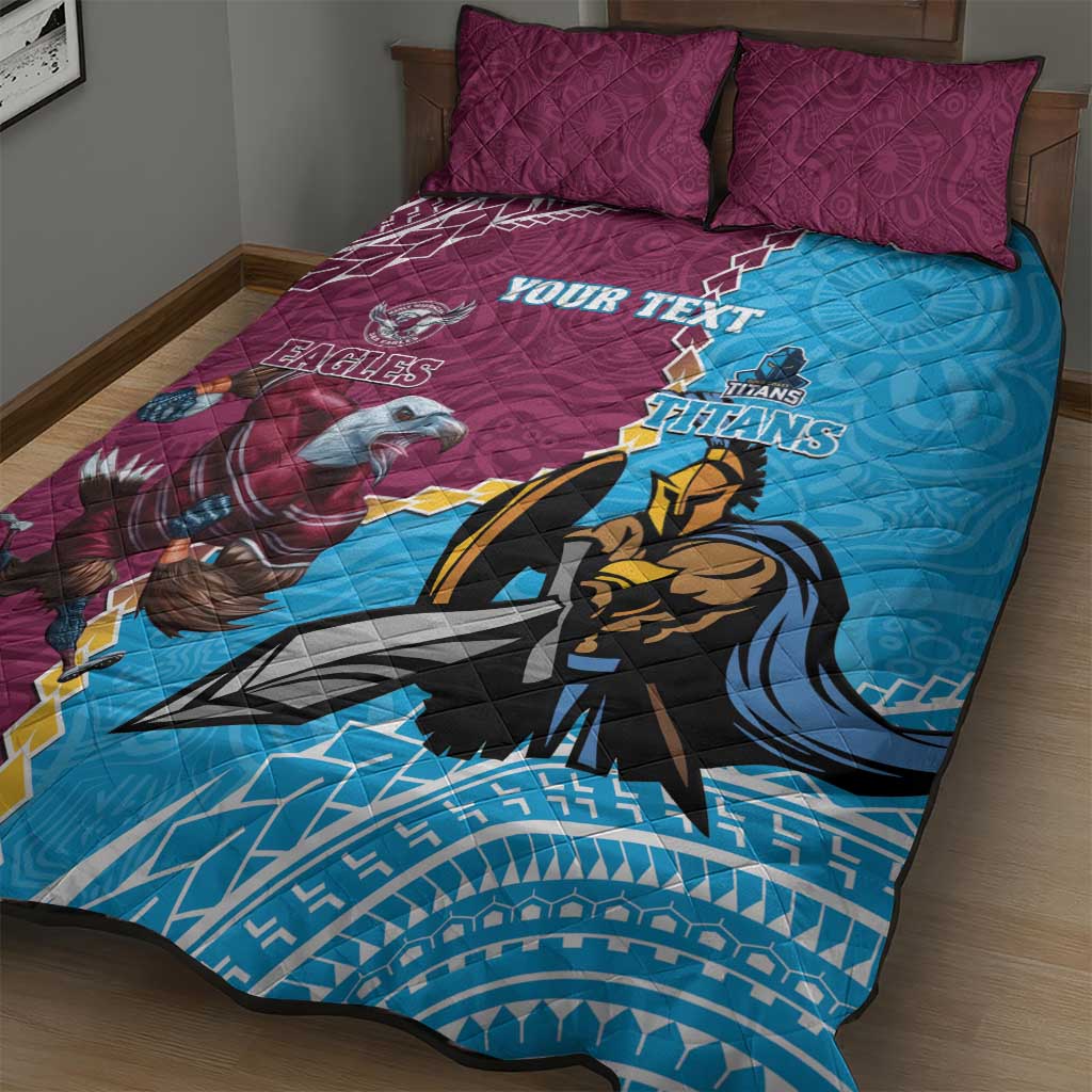Personalised Eagles And Titans Rugby Quilt Bed Set Aboriginal Mix Polynesian Pattern