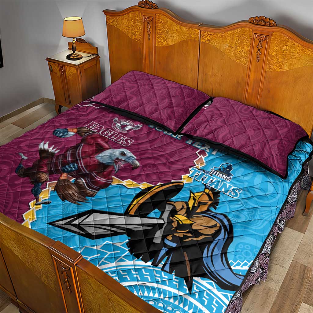 Personalised Eagles And Titans Rugby Quilt Bed Set Aboriginal Mix Polynesian Pattern