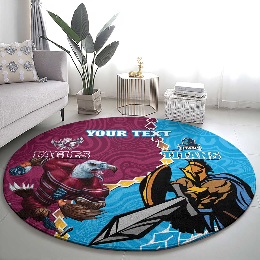 Personalised Eagles And Titans Rugby Round Carpet Aboriginal Mix Polynesian Pattern
