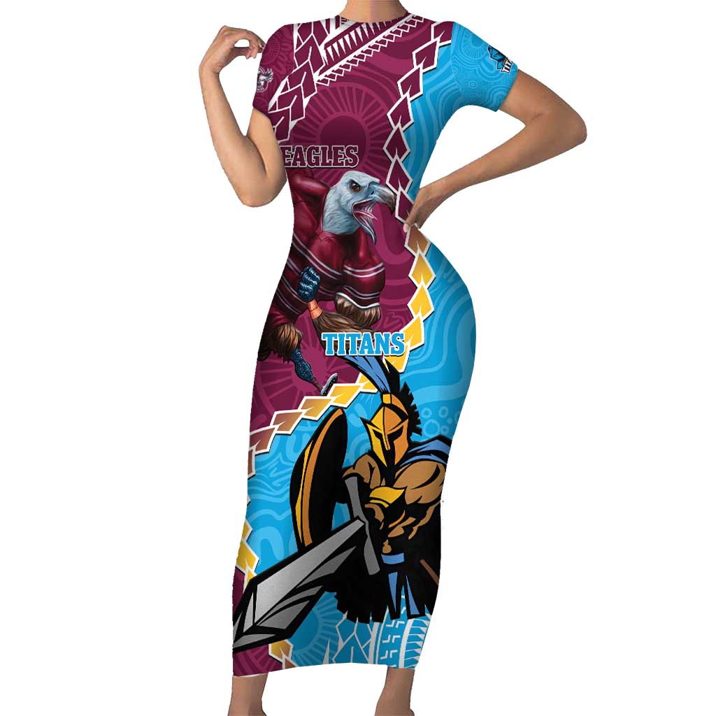 Personalised Eagles And Titans Rugby Short Sleeve Bodycon Dress Aboriginal Mix Polynesian Pattern