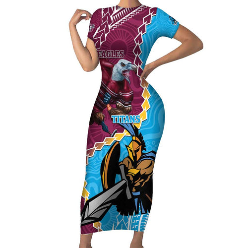 Personalised Eagles And Titans Rugby Short Sleeve Bodycon Dress Aboriginal Mix Polynesian Pattern