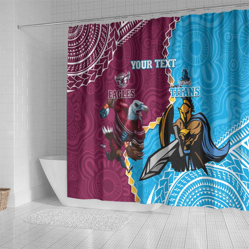 Personalised Eagles And Titans Rugby Shower Curtain Aboriginal Mix Polynesian Pattern