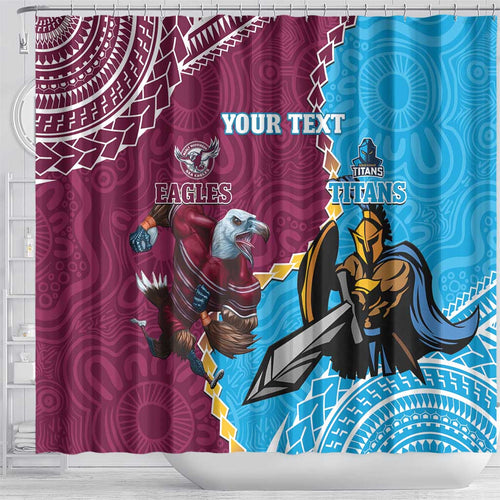 Personalised Eagles And Titans Rugby Shower Curtain Aboriginal Mix Polynesian Pattern