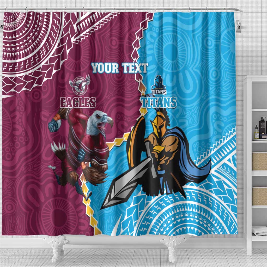 Personalised Eagles And Titans Rugby Shower Curtain Aboriginal Mix Polynesian Pattern