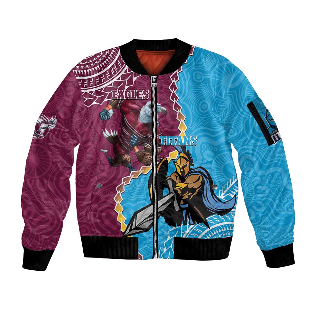 Personalised Eagles And Titans Rugby Sleeve Zip Bomber Jacket Aboriginal Mix Polynesian Pattern