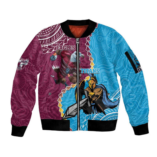 Personalised Eagles And Titans Rugby Sleeve Zip Bomber Jacket Aboriginal Mix Polynesian Pattern