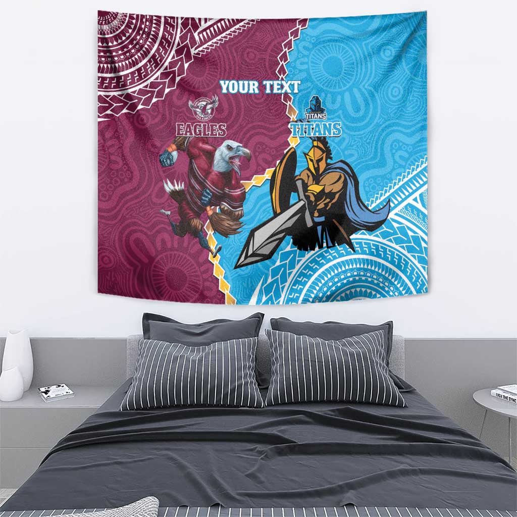 Personalised Eagles And Titans Rugby Tapestry Aboriginal Mix Polynesian Pattern