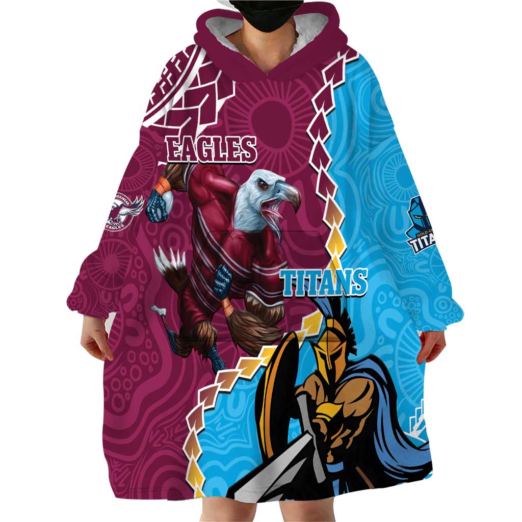 Personalised Eagles And Titans Rugby Wearable Blanket Hoodie Aboriginal Mix Polynesian Pattern