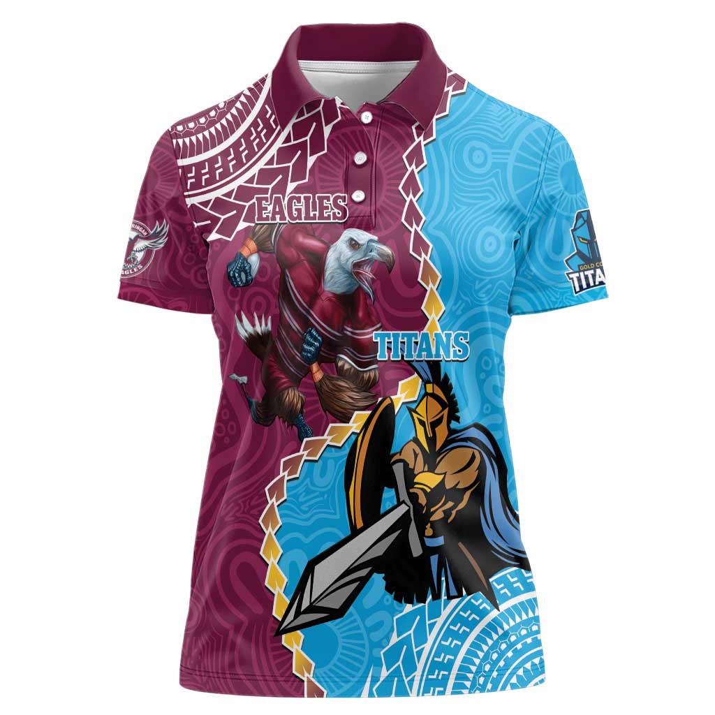Personalised Eagles And Titans Rugby Women Polo Shirt Aboriginal Mix Polynesian Pattern