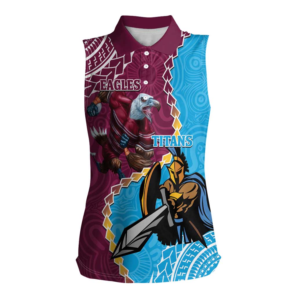 Personalised Eagles And Titans Rugby Women Sleeveless Polo Shirt Aboriginal Mix Polynesian Pattern
