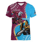 Personalised Eagles And Titans Rugby Women V-Neck T-Shirt Aboriginal Mix Polynesian Pattern