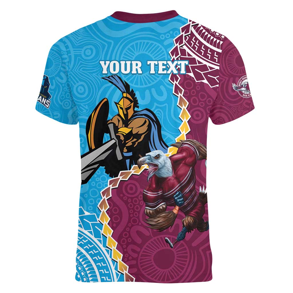 Personalised Eagles And Titans Rugby Women V-Neck T-Shirt Aboriginal Mix Polynesian Pattern