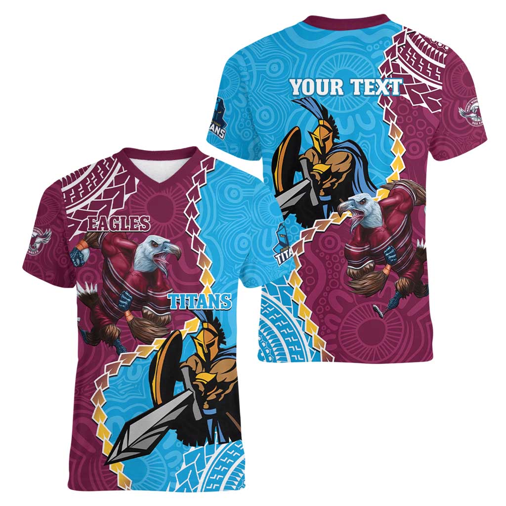 Personalised Eagles And Titans Rugby Women V-Neck T-Shirt Aboriginal Mix Polynesian Pattern