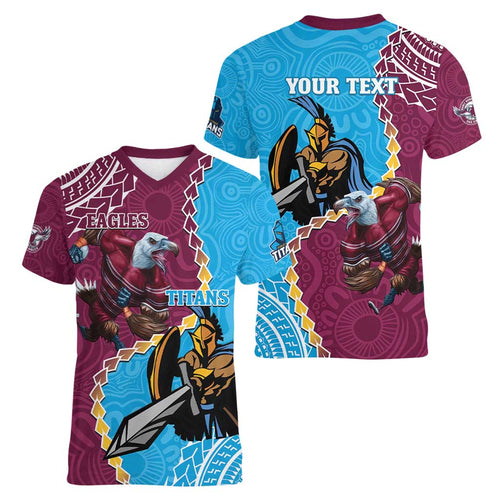 Personalised Eagles And Titans Rugby Women V-Neck T-Shirt Aboriginal Mix Polynesian Pattern