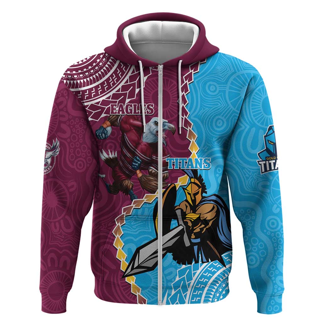 Personalised Eagles And Titans Rugby Zip Hoodie Aboriginal Mix Polynesian Pattern