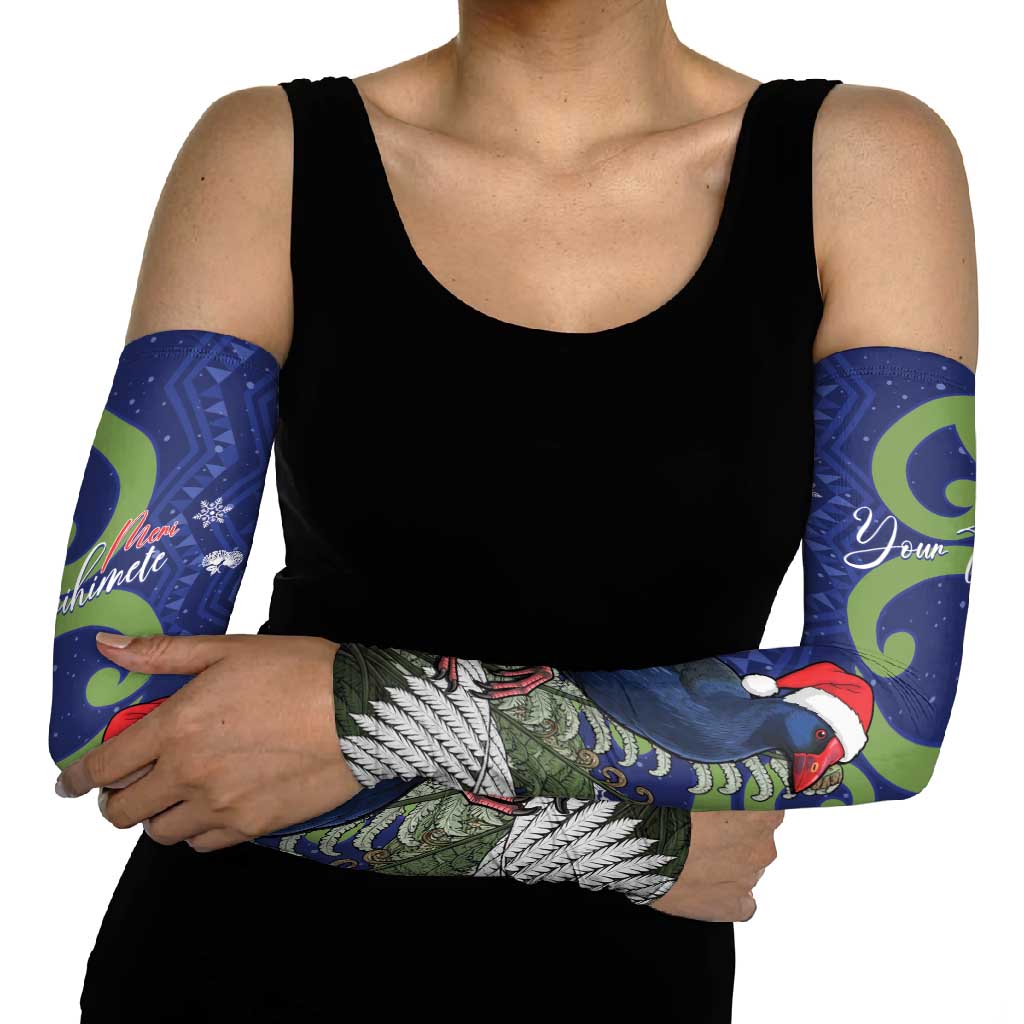 Personalized New Zealand Pukeko Christmas Arm Sleeves Meri Kirihimete Taniko Ponga Koru Blue - Aussie Hoodie
