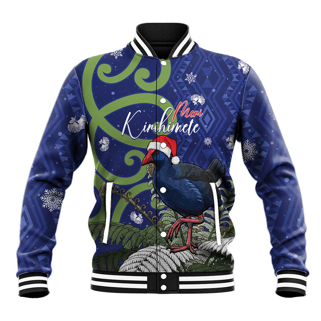 Personalized New Zealand Pukeko Christmas Baseball Jacket Meri Kirihimete Taniko Ponga Koru Blue - Aussie Hoodie