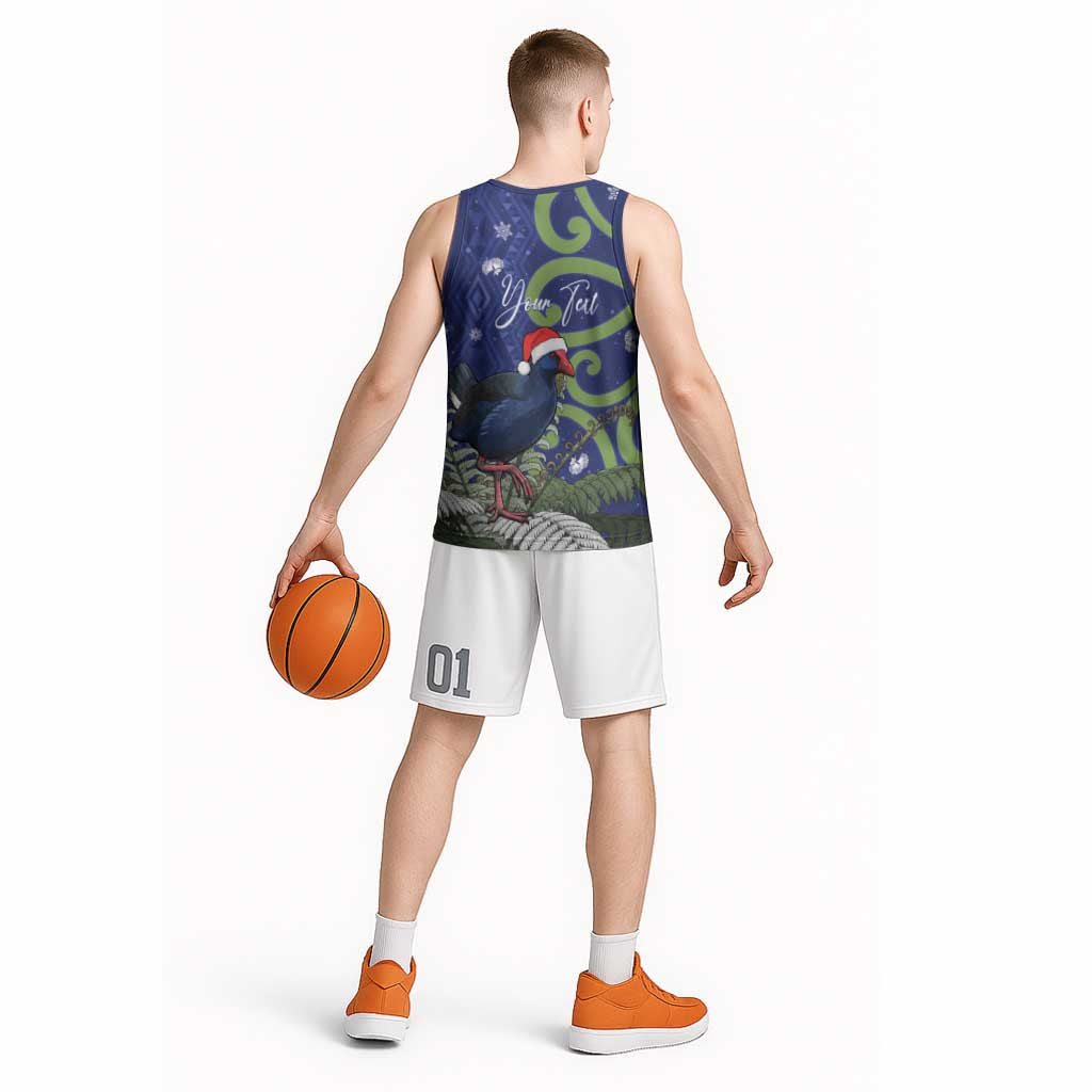 Personalized New Zealand Pukeko Christmas Basketball Jersey Meri Kirihimete Taniko Ponga Koru Blue - Aussie Hoodie