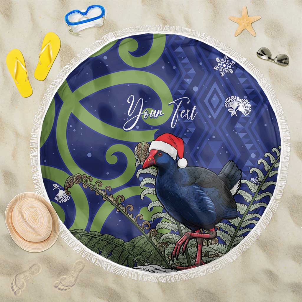 Personalized New Zealand Pukeko Christmas Beach Blanket Meri Kirihimete Taniko Ponga Koru Blue - Aussie Hoodie