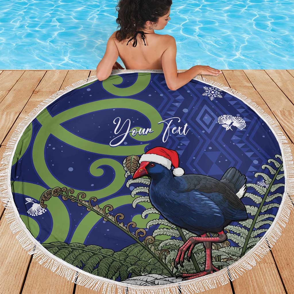 Personalized New Zealand Pukeko Christmas Beach Blanket Meri Kirihimete Taniko Ponga Koru Blue - Aussie Hoodie