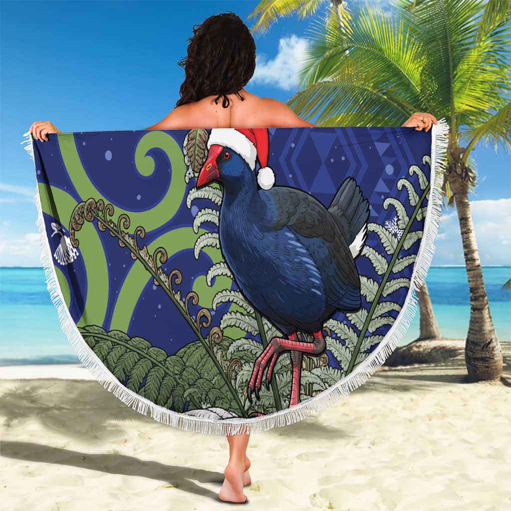 Personalized New Zealand Pukeko Christmas Beach Blanket Meri Kirihimete Taniko Ponga Koru Blue - Aussie Hoodie