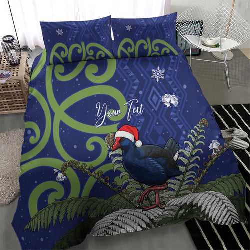 Personalized New Zealand Pukeko Christmas Bedding Set Meri Kirihimete Taniko Ponga Koru Blue - Aussie Hoodie