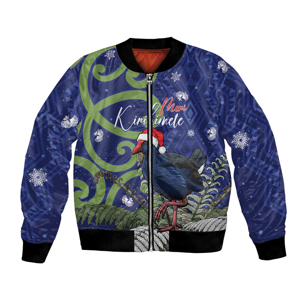 Personalized New Zealand Pukeko Christmas Bomber Jacket Meri Kirihimete Taniko Ponga Koru Blue - Aussie Hoodie