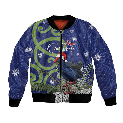 Personalized New Zealand Pukeko Christmas Bomber Jacket Meri Kirihimete Taniko Ponga Koru Blue - Aussie Hoodie