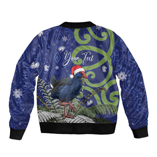 Personalized New Zealand Pukeko Christmas Bomber Jacket Meri Kirihimete Taniko Ponga Koru Blue - Aussie Hoodie