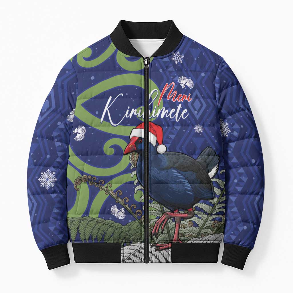 Personalized New Zealand Pukeko Christmas Bomber Puffer Jacket Meri Kirihimete Taniko Ponga Koru Blue - Aussie Hoodie