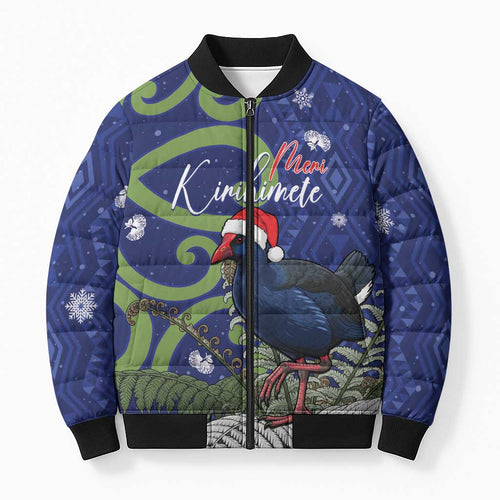 Personalized New Zealand Pukeko Christmas Bomber Puffer Jacket Meri Kirihimete Taniko Ponga Koru Blue - Aussie Hoodie