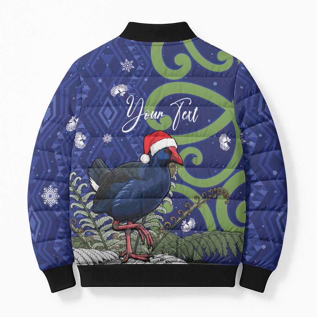 Personalized New Zealand Pukeko Christmas Bomber Puffer Jacket Meri Kirihimete Taniko Ponga Koru Blue - Aussie Hoodie