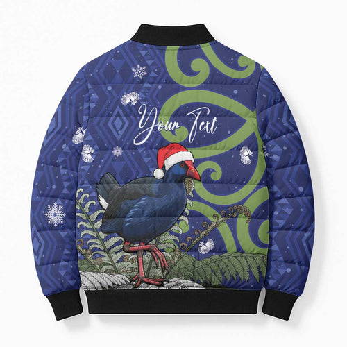 Personalized New Zealand Pukeko Christmas Bomber Puffer Jacket Meri Kirihimete Taniko Ponga Koru Blue - Aussie Hoodie