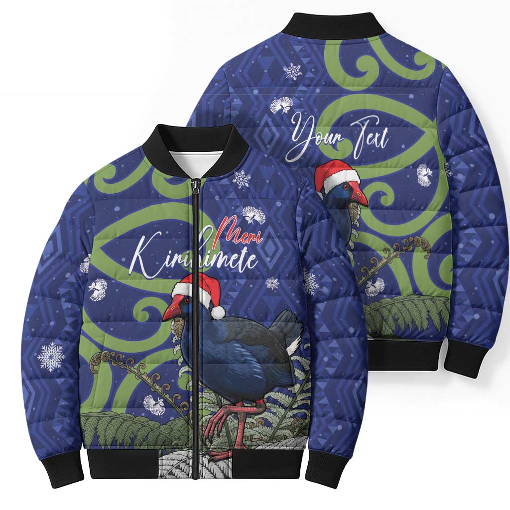 Personalized New Zealand Pukeko Christmas Bomber Puffer Jacket Meri Kirihimete Taniko Ponga Koru Blue - Aussie Hoodie