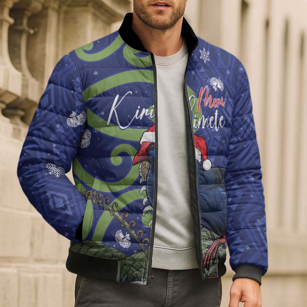 Personalized New Zealand Pukeko Christmas Bomber Puffer Jacket Meri Kirihimete Taniko Ponga Koru Blue - Aussie Hoodie