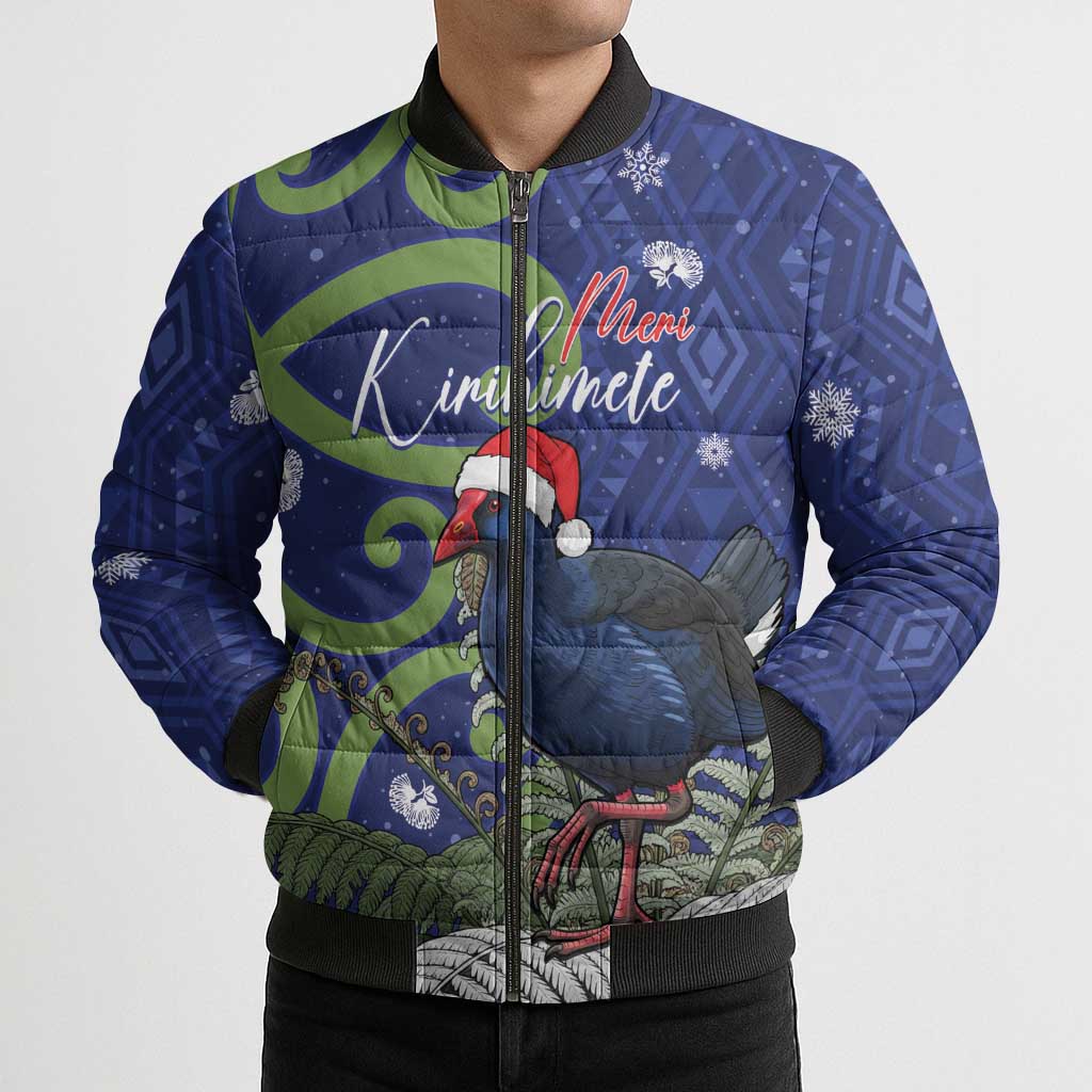 Personalized New Zealand Pukeko Christmas Bomber Puffer Jacket Meri Kirihimete Taniko Ponga Koru Blue - Aussie Hoodie