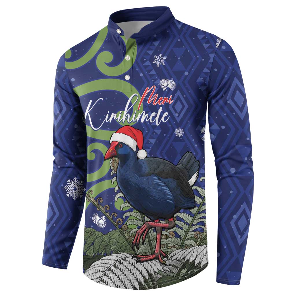 Personalized New Zealand Pukeko Christmas Button Sweatshirt Meri Kirihimete Taniko Ponga Koru Blue - Aussie Hoodie