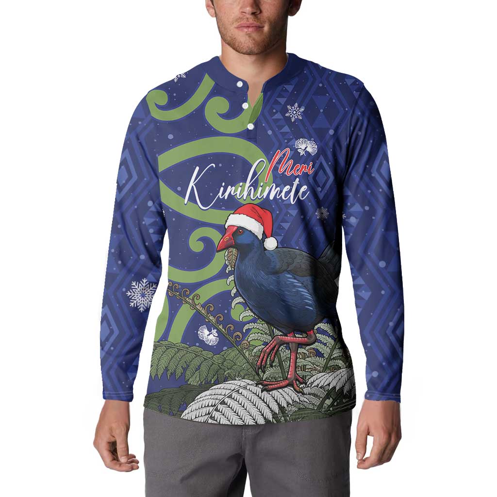 Personalized New Zealand Pukeko Christmas Button Sweatshirt Meri Kirihimete Taniko Ponga Koru Blue - Aussie Hoodie