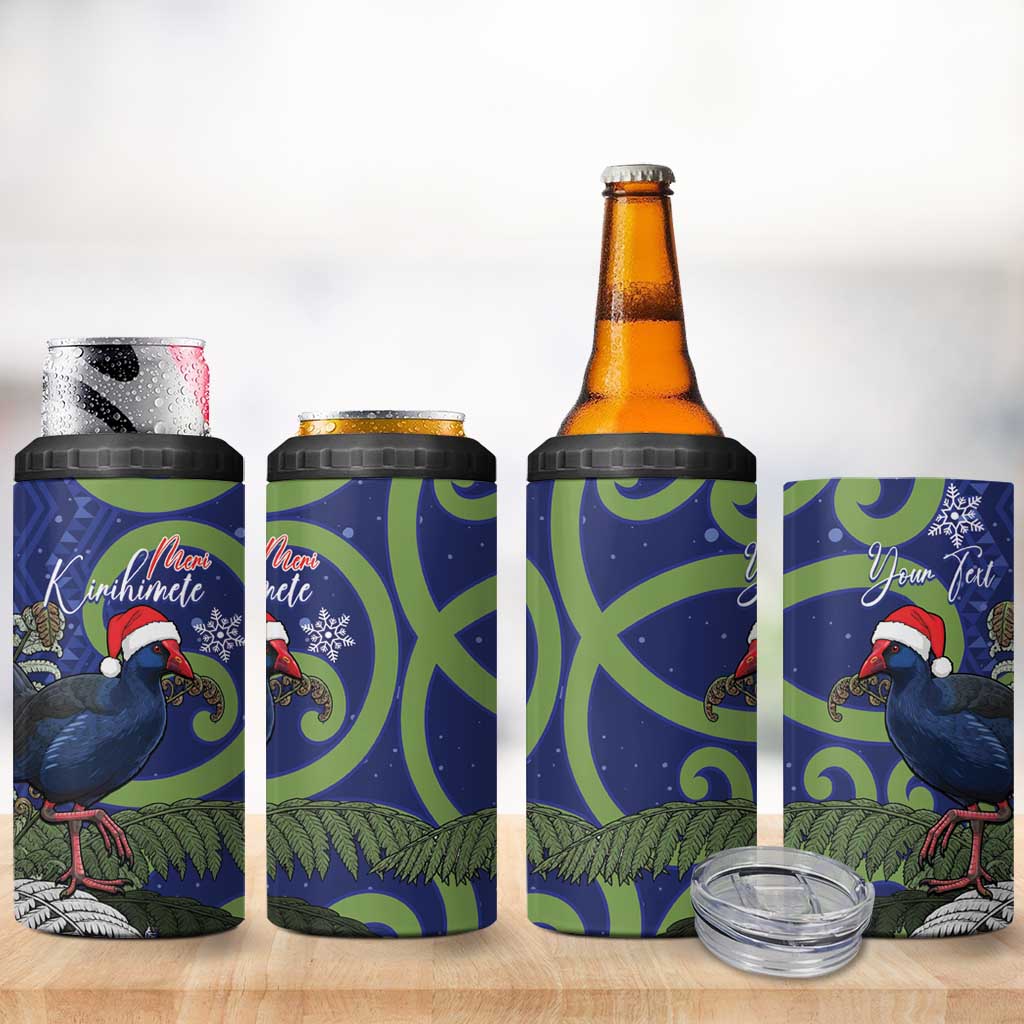 Personalized New Zealand Pukeko Christmas 4 in 1 Can Cooler Tumbler Meri Kirihimete Taniko Ponga Koru Blue - Aussie Hoodie