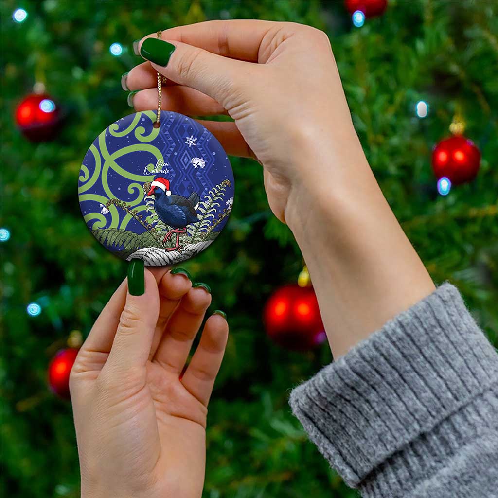 Personalized New Zealand Pukeko Christmas Ceramic Ornament Meri Kirihimete Taniko Ponga Koru Blue - Aussie Hoodie