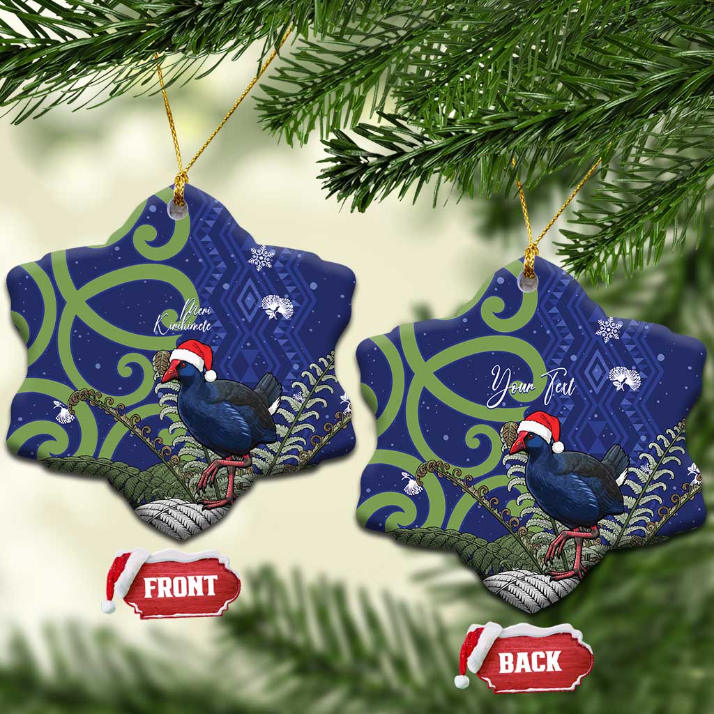 Personalized New Zealand Pukeko Christmas Ceramic Ornament Meri Kirihimete Taniko Ponga Koru Blue - Aussie Hoodie