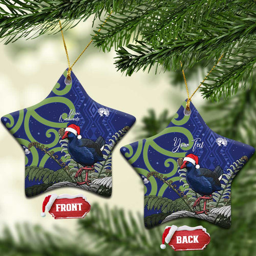 Personalized New Zealand Pukeko Christmas Ceramic Ornament Meri Kirihimete Taniko Ponga Koru Blue - Aussie Hoodie